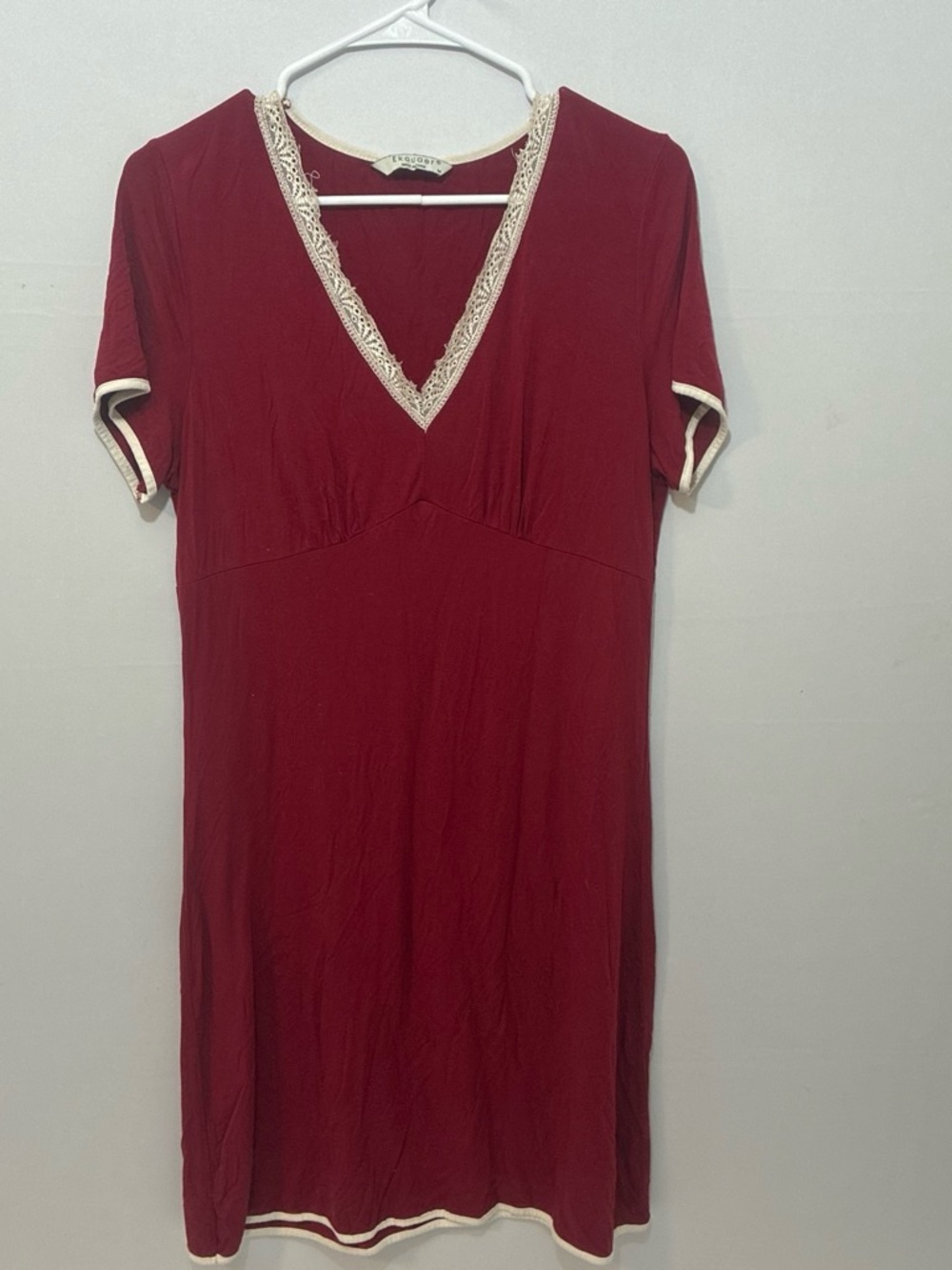 V-Neck Burgundy Nightgown with Cream Lace Trim
